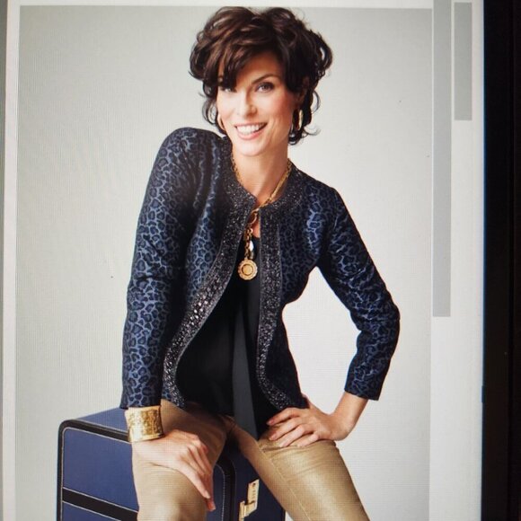 Chico's Women's Size 1/8-10 Blue Jacquard Animal Print Embellished Trim Blazer - Picture 1 of 16
